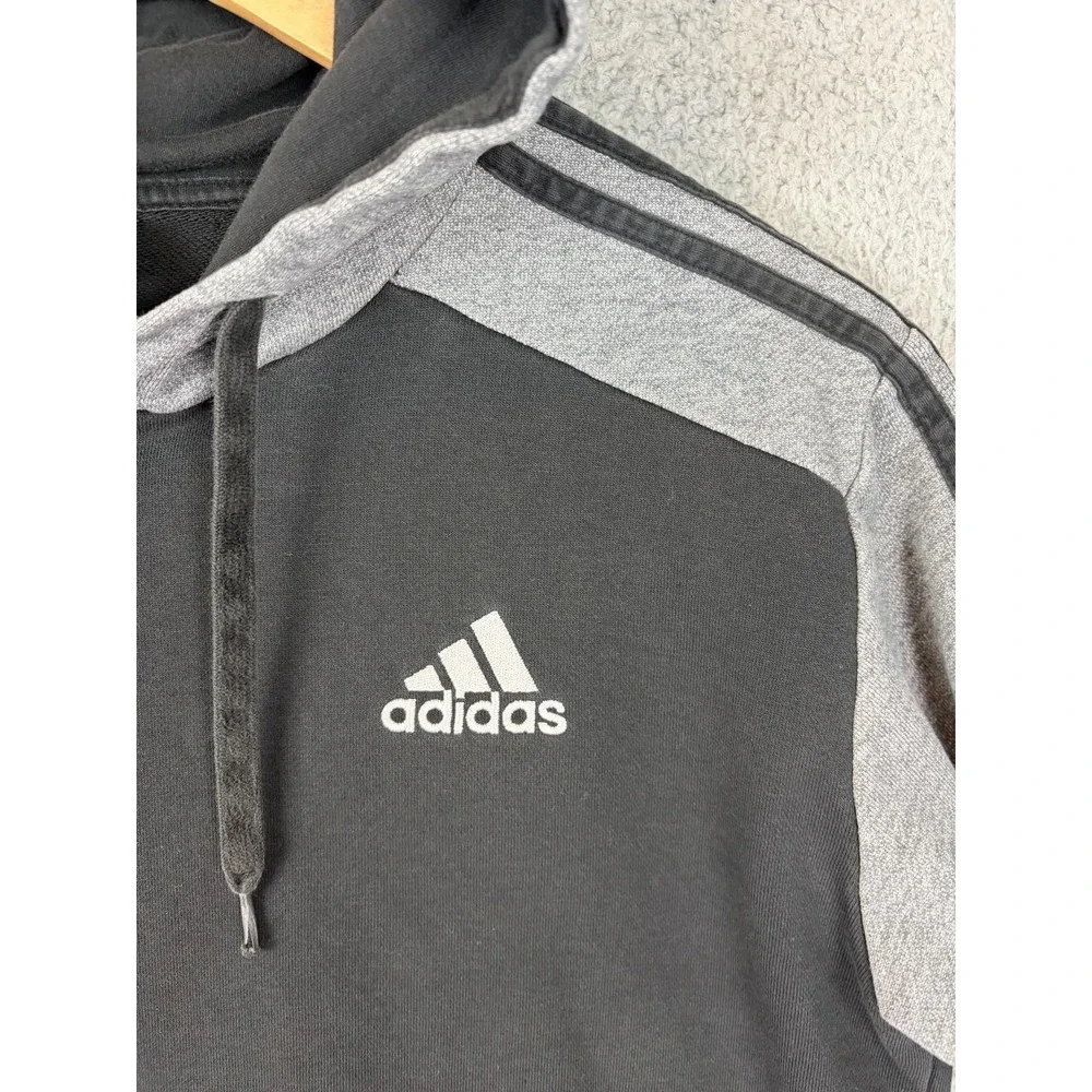 Adidas Hoodie Mens Small Black Gray 3-Stripes Pullover Kangaroo Pocket Mens